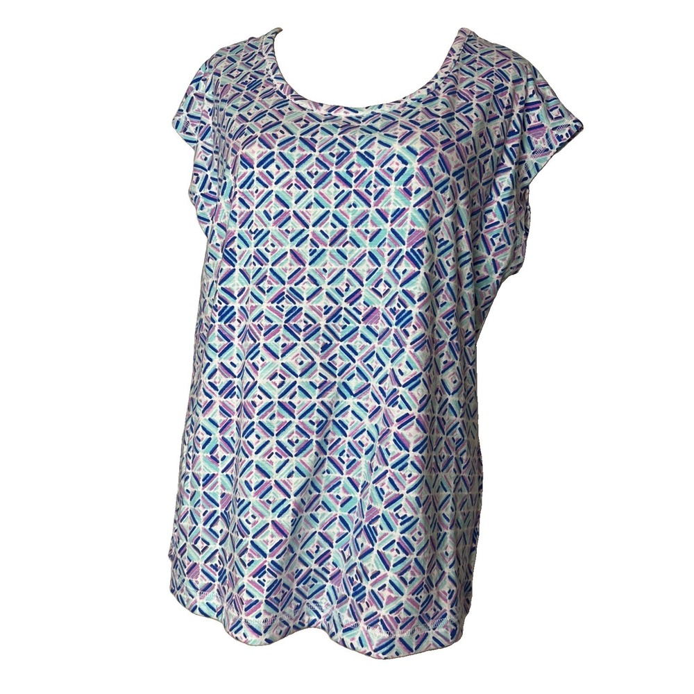 T by Talbots Top Women L Geometric Criss Cross Keyhole Back Center short slv New
